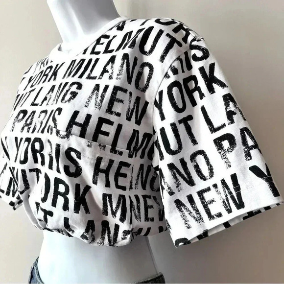 Helmut Lang WomenâsâUpcycled All Over Logo Cropped Short Sleeve Cotton T-shirt S - Picture 7 of 11
